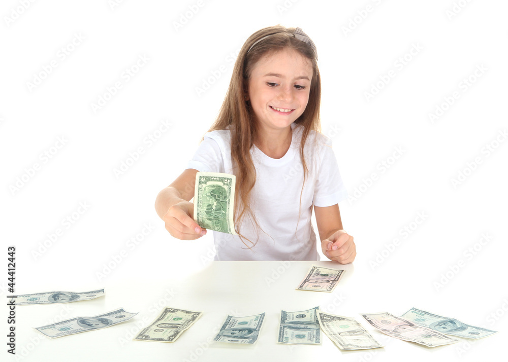 beautiful little girl with money, isolated on white beautiful little girl with money, isolated on white