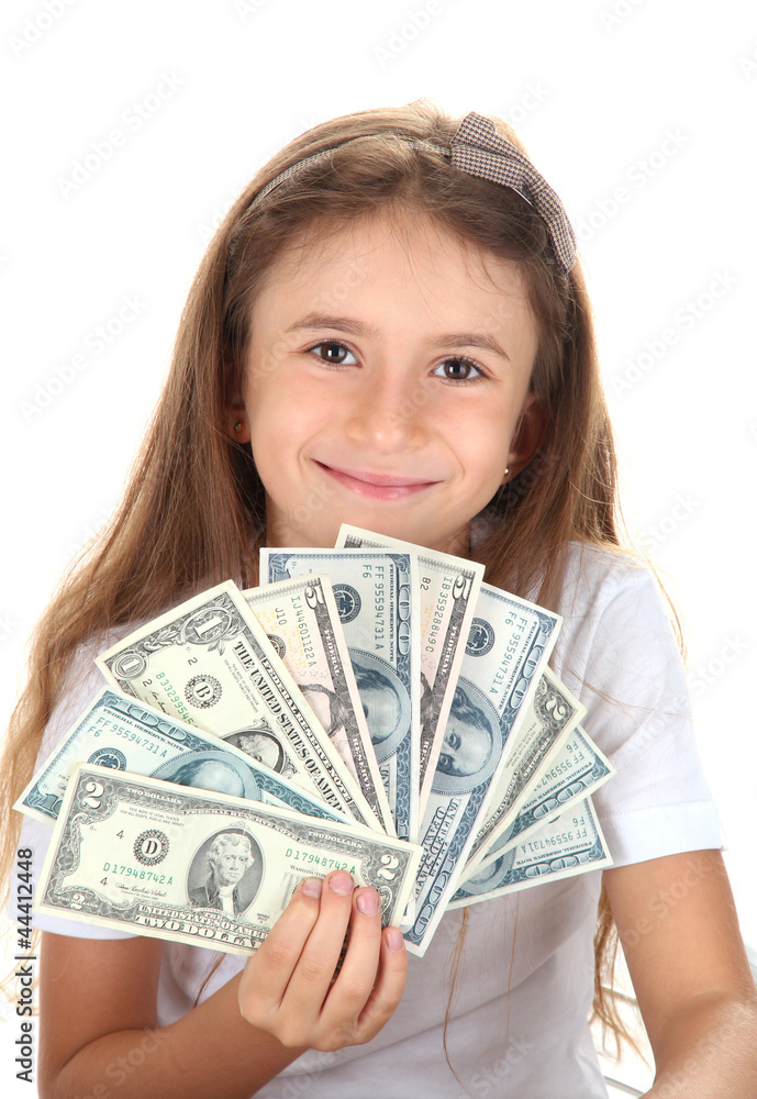 beautiful little girl with money, isolated on white beautiful little girl with money, isolated on white
