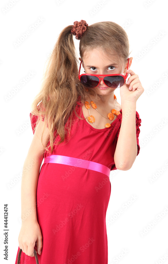 Cute little girl in her mother's dress, isolated on white Cute little girl in her mother's dress, isolated on white