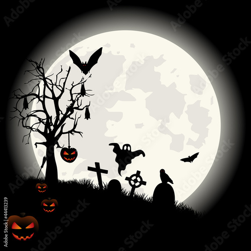 Halloween background on full Moon and cemetery