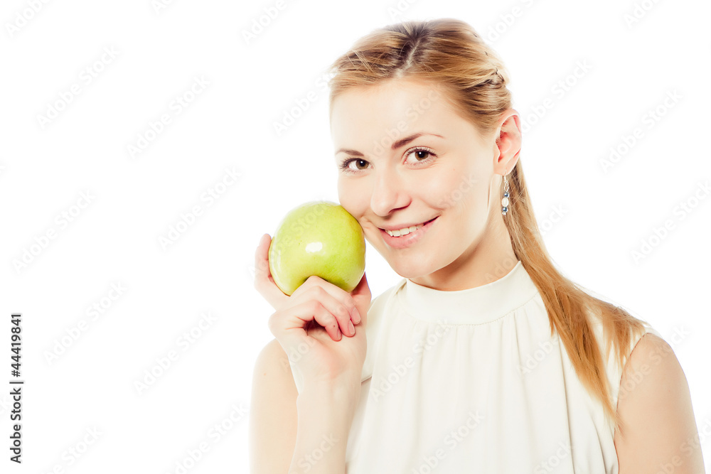Smiling business woman with green apple Smiling business woman with green apple