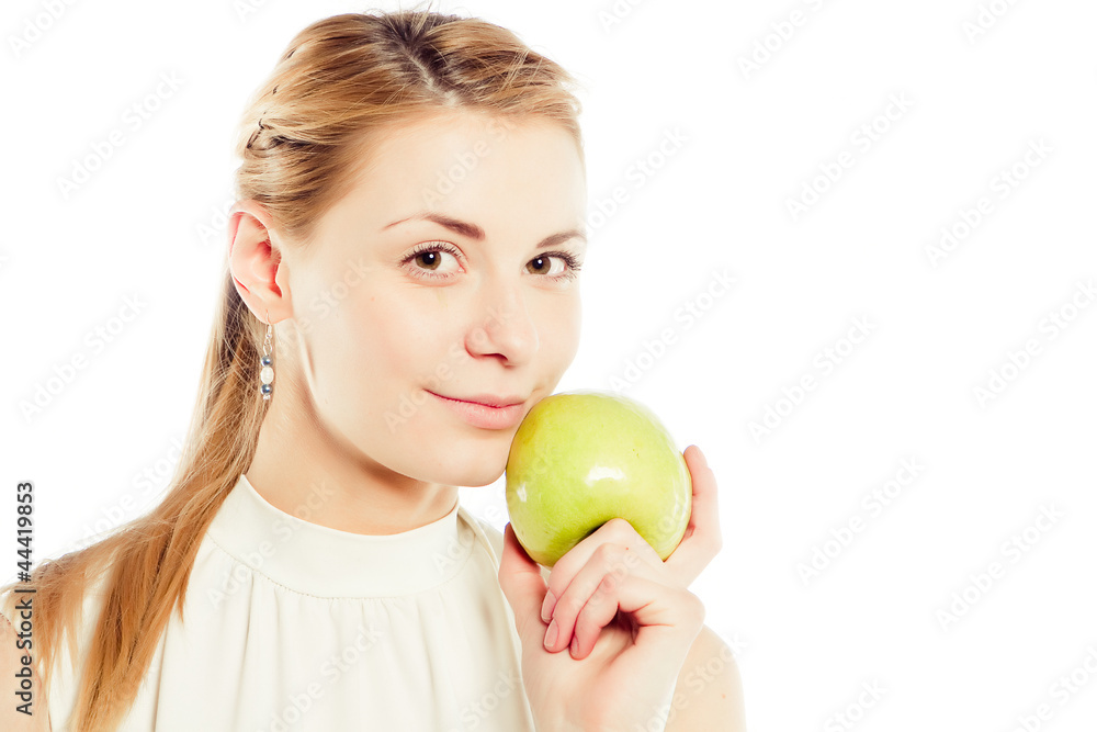 Smiling business woman with green apple Smiling business woman with green apple