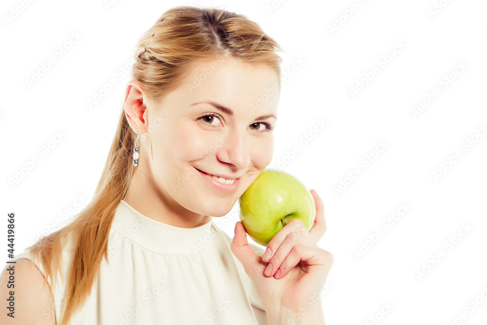 Smiling business woman with green apple Smiling business woman with green apple