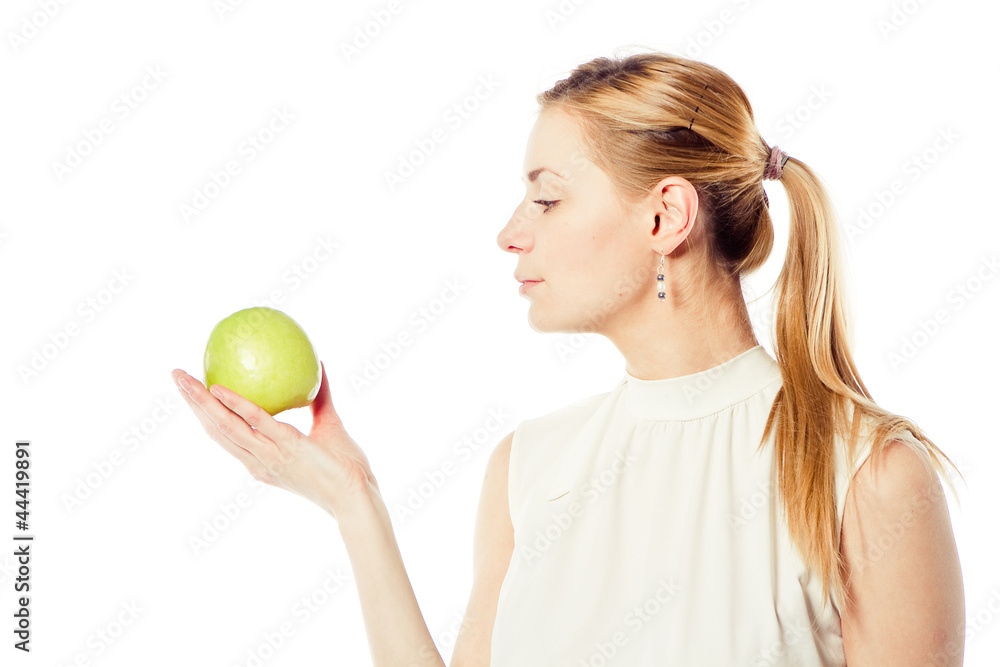 Smiling business woman with green apple Smiling business woman with green apple