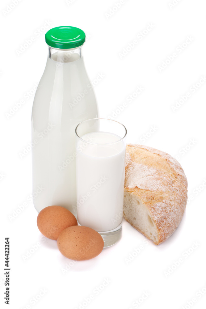 Milk bottle, glass, eggs and bread Milk bottle, glass, eggs and bread