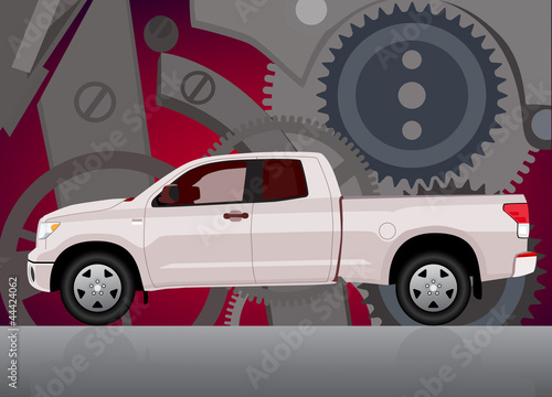 Pick-up truck with background of cogwheels