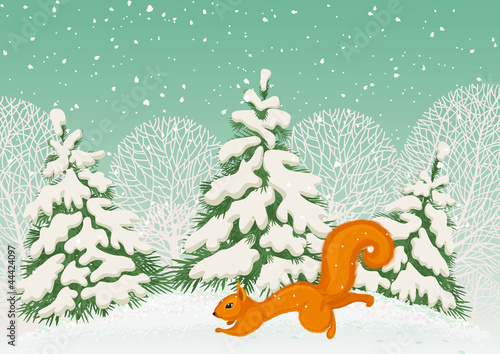 Running squirrel in the winter forest