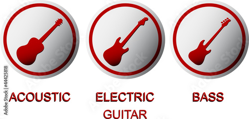 Buttons with silhouettes of acoustic, electric and bass guitar