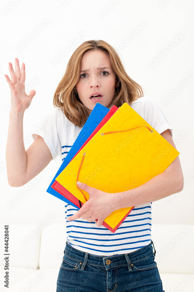 unhappy woman with folders unhappy woman with folders
