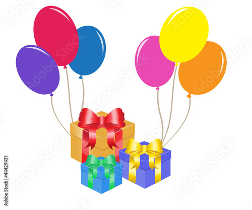 colorful balloons and gift boxes with bows