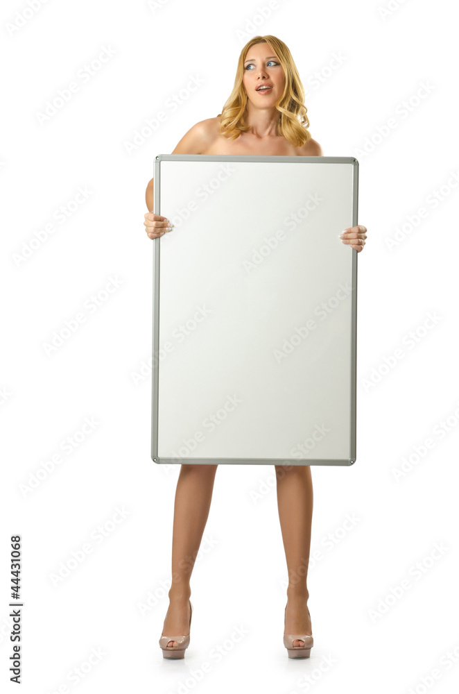Woman with blank board on white