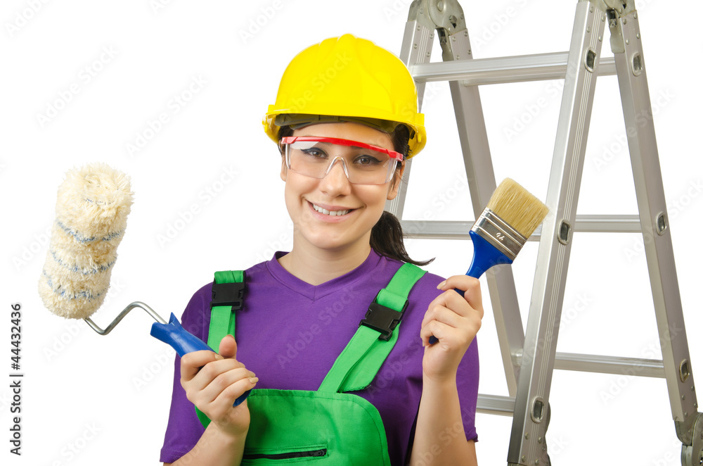 Woman worker with ladder on white Woman worker with ladder on white