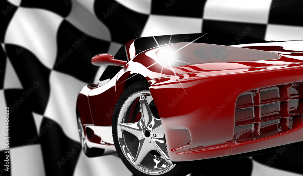 Obraz premium Czerwony samochód na w kratkę flaga