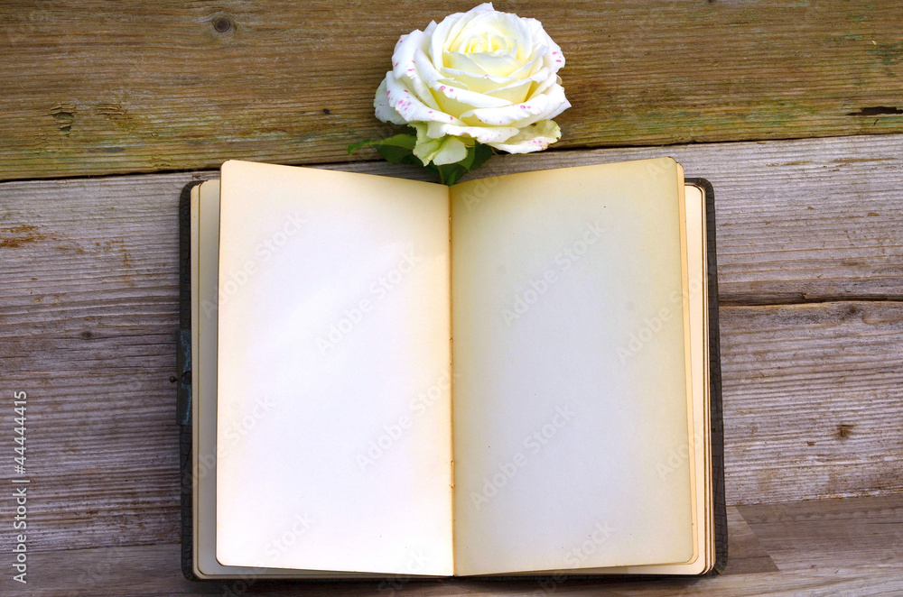Buch und Rose auf altem Holz Hintergrund Buch und Rose auf altem Holz Hintergrund