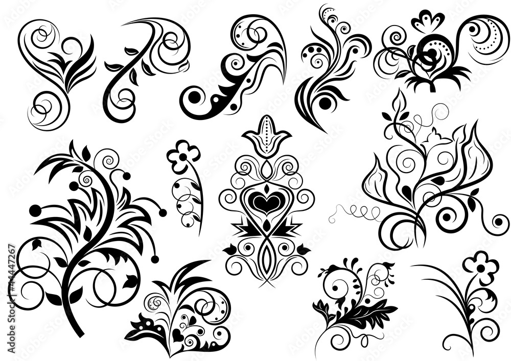 Black and white floral design elements. Black and white floral design elements.