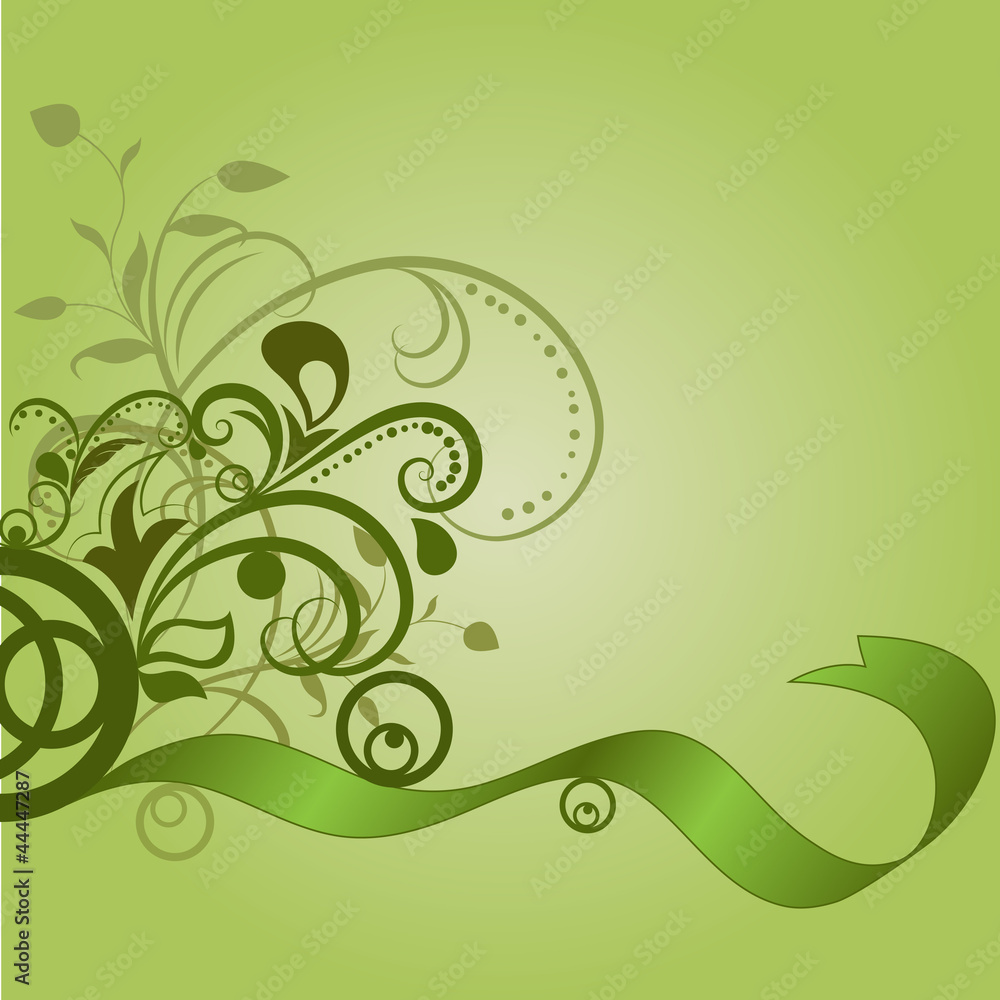 Green floral background with wavy ribbon. Green floral background with wavy ribbon.