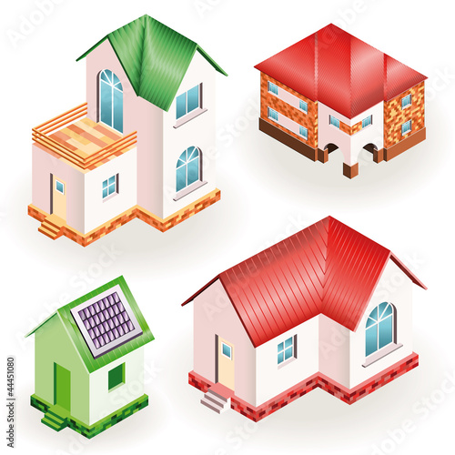 Set of four models of three dimensional residential houses
