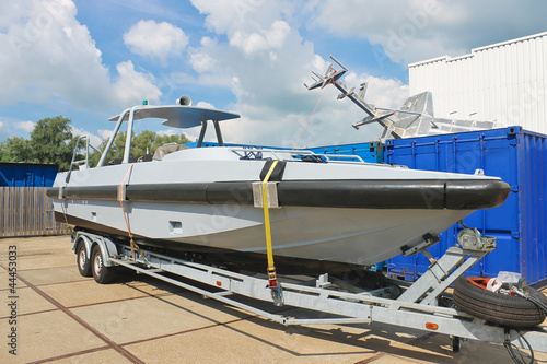 New boat on a trailer in a Dutch shipyard. Netherlands
