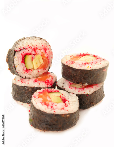 Wallpaper Mural rolls with shrimp, salmon and red masago isolated on white Torontodigital.ca