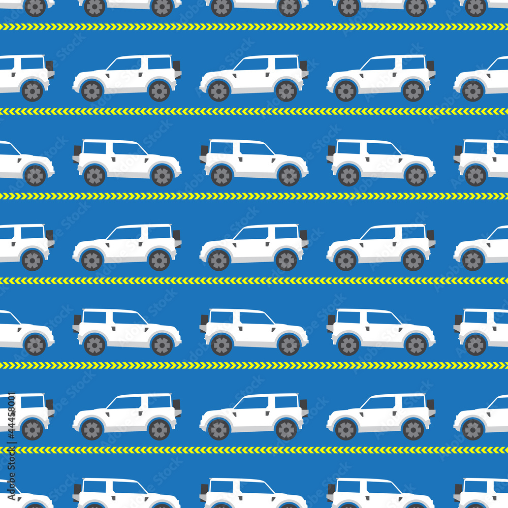 seamless pattern with white automobiles on a blue background