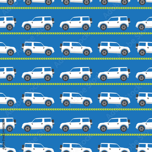seamless pattern with white automobiles on a blue background © melazerg