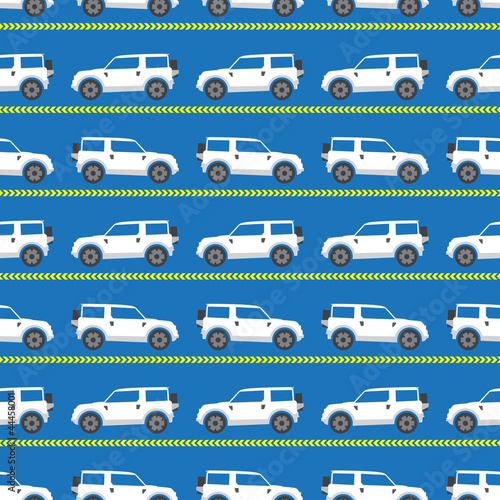 seamless pattern with white automobiles on a blue background