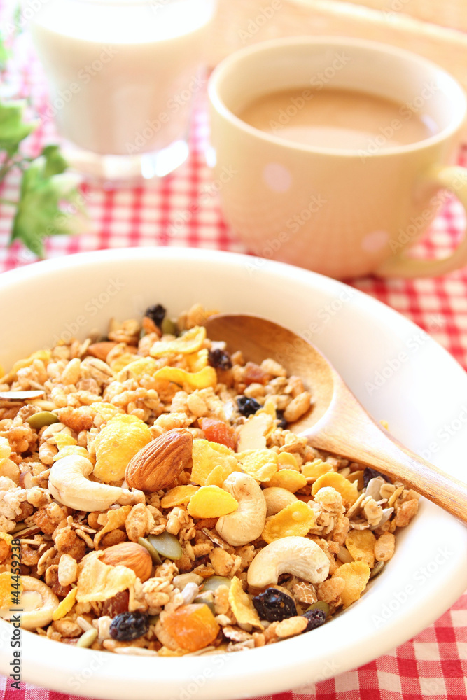 Healthy breakfast nut, seed and dried fruit granola cereal Healthy breakfast nut, seed and dried fruit granola cereal