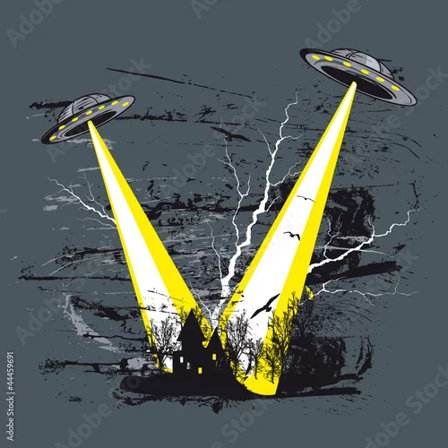 Obraz pozaziemskie, latające talerze nad ludzką osadą