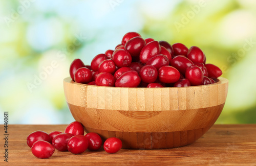 fresh cornel berries in wooden bowl on green background