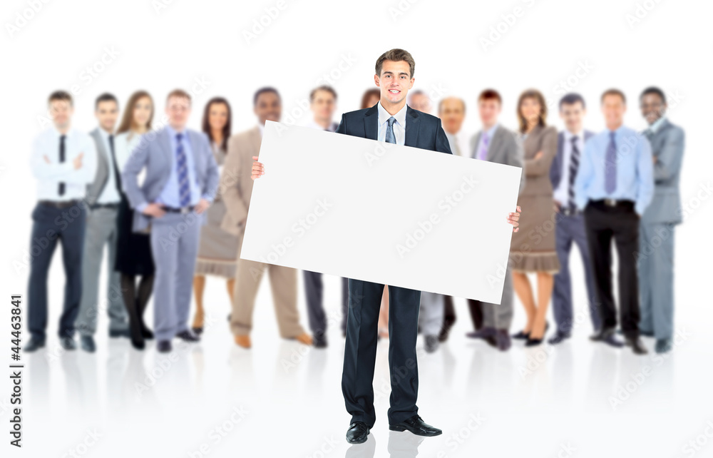 Fototapeta premium Business man with a banner and his business team
