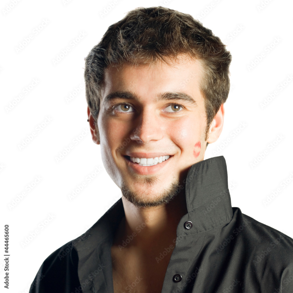 Fototapeta premium Man with lipstick kiss, isolated