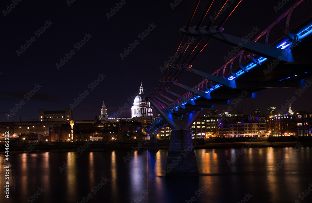 London, St Paul's cathedral and millennium bridge at night