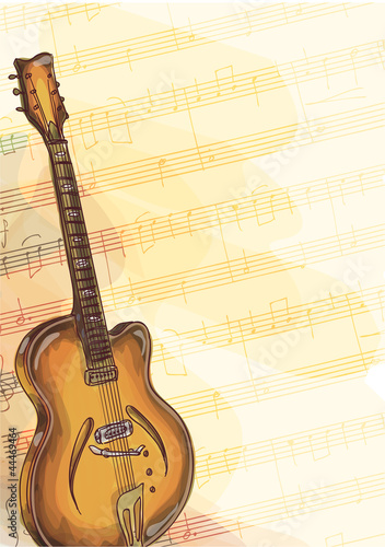 Bass Guitar on music background with handmade notes.