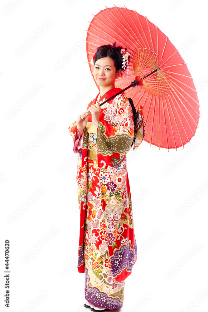 Skygge hegn arbejdsløshed japanese kimono woman with red umbrella Stock Photo | Adobe Stock