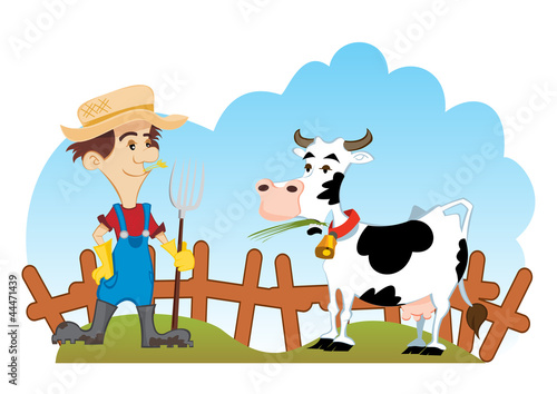 Country scene with farmer and cow
