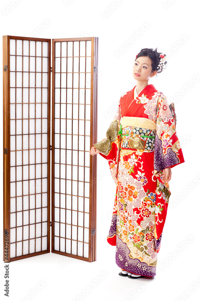 japanese kimono woman standing on white background japanese kimono woman standing on white background