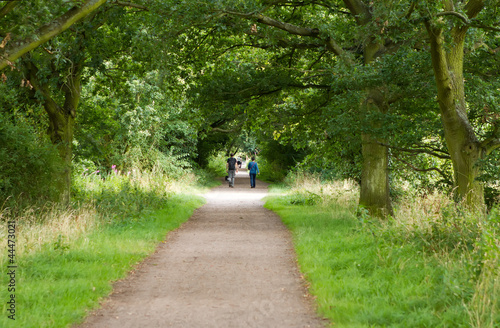 young couple walking their dog along a country path