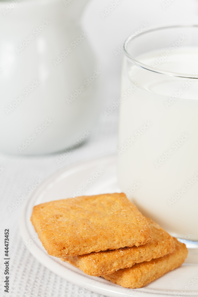 Glass of milk on the plate with cookies and a jug of milk