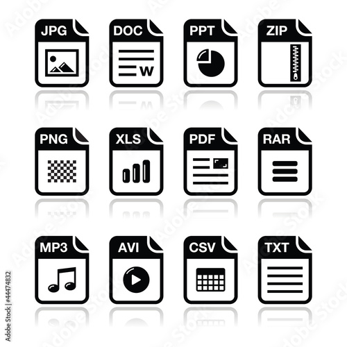 File type black icons with shadow set - zip, pdf, jpg, doc