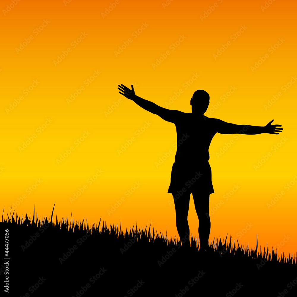 man stand with open arms at sunset
