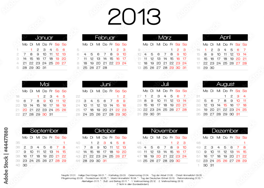 kalender 2013 mit feiertagen vektor Stock-Vektorgrafik | Adobe Stock