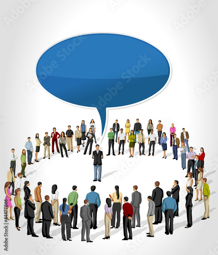 business people listening a man talking by speech balloon