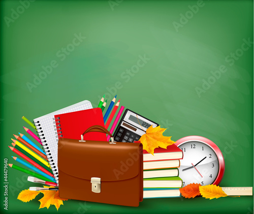 Green background with school supplies and autumn leaves