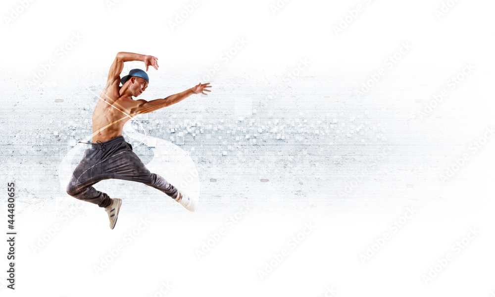 young man dancing hip hop with color lines