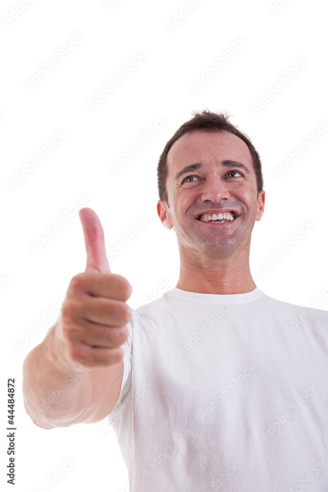 handsome middle-age man with thumb raised as a sign of success handsome middle-age man with thumb raised as a sign of success