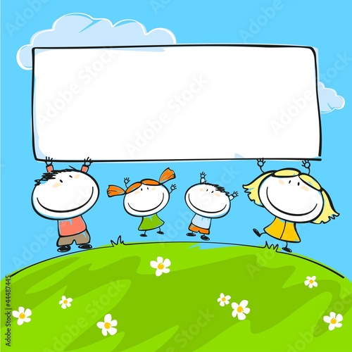 Child's drawing of the happy family with a banner