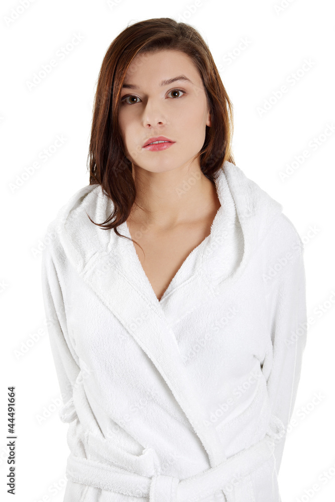Portrait of young beautiful woman in bathrobe Portrait of young beautiful woman in bathrobe