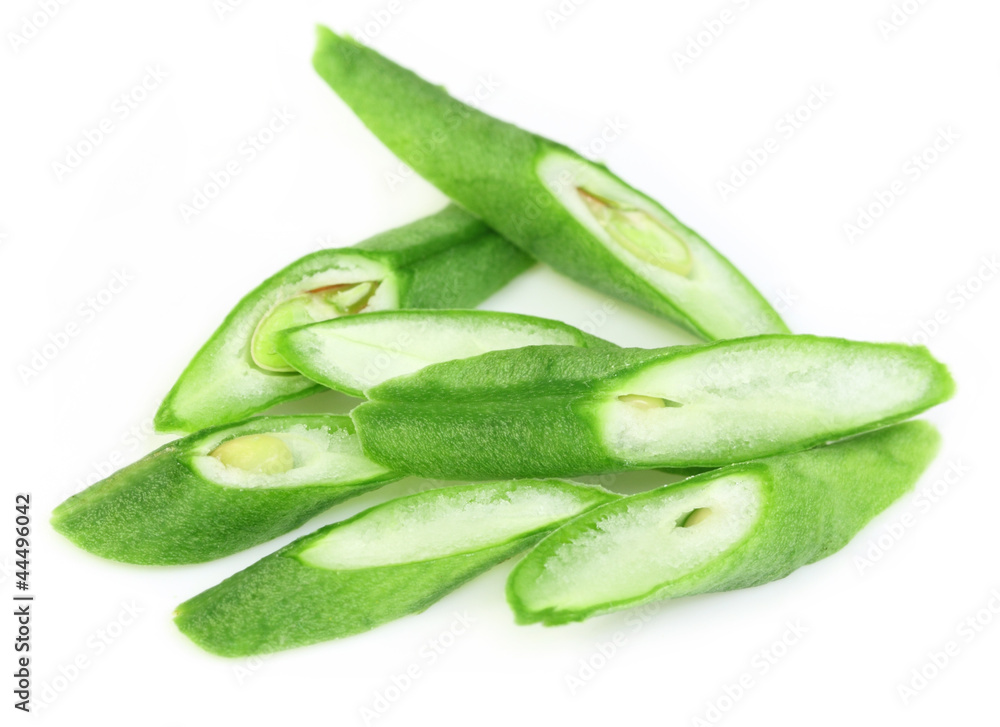 Chopped Yard long bean over white background Chopped Yard long bean over white background