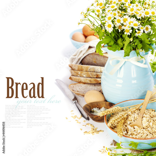 bread, eggs, oats and flowers