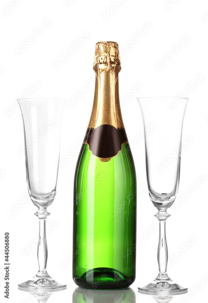 Bottle of champagne and goblets isolated on white. Bottle of champagne and goblets isolated on white.